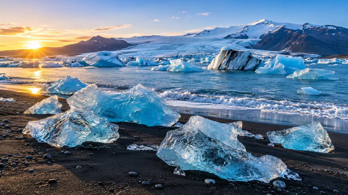 Clear and blue chunks of glacier ice on a black sand beach