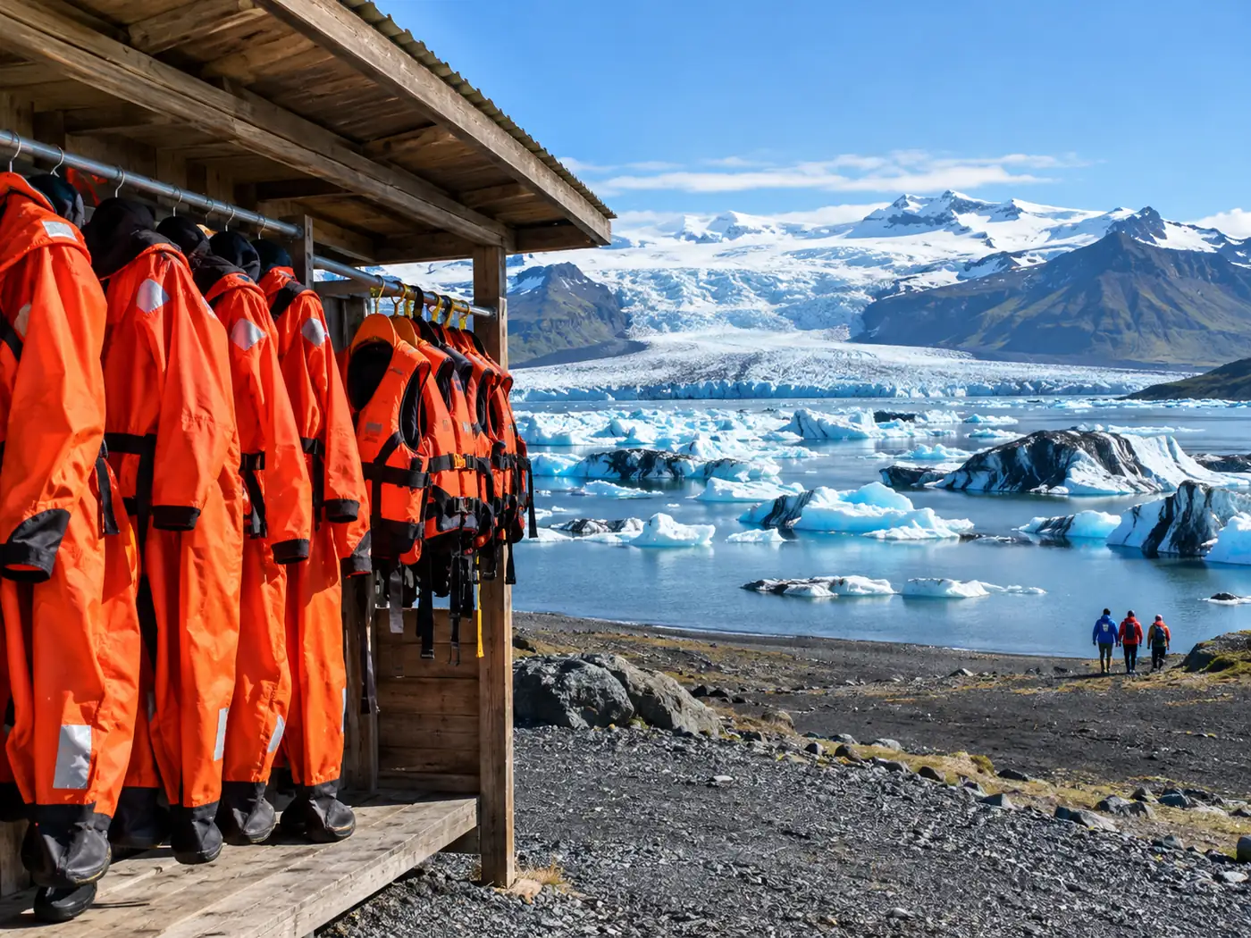 Survival suits and life jackets hanging in a wooden hut