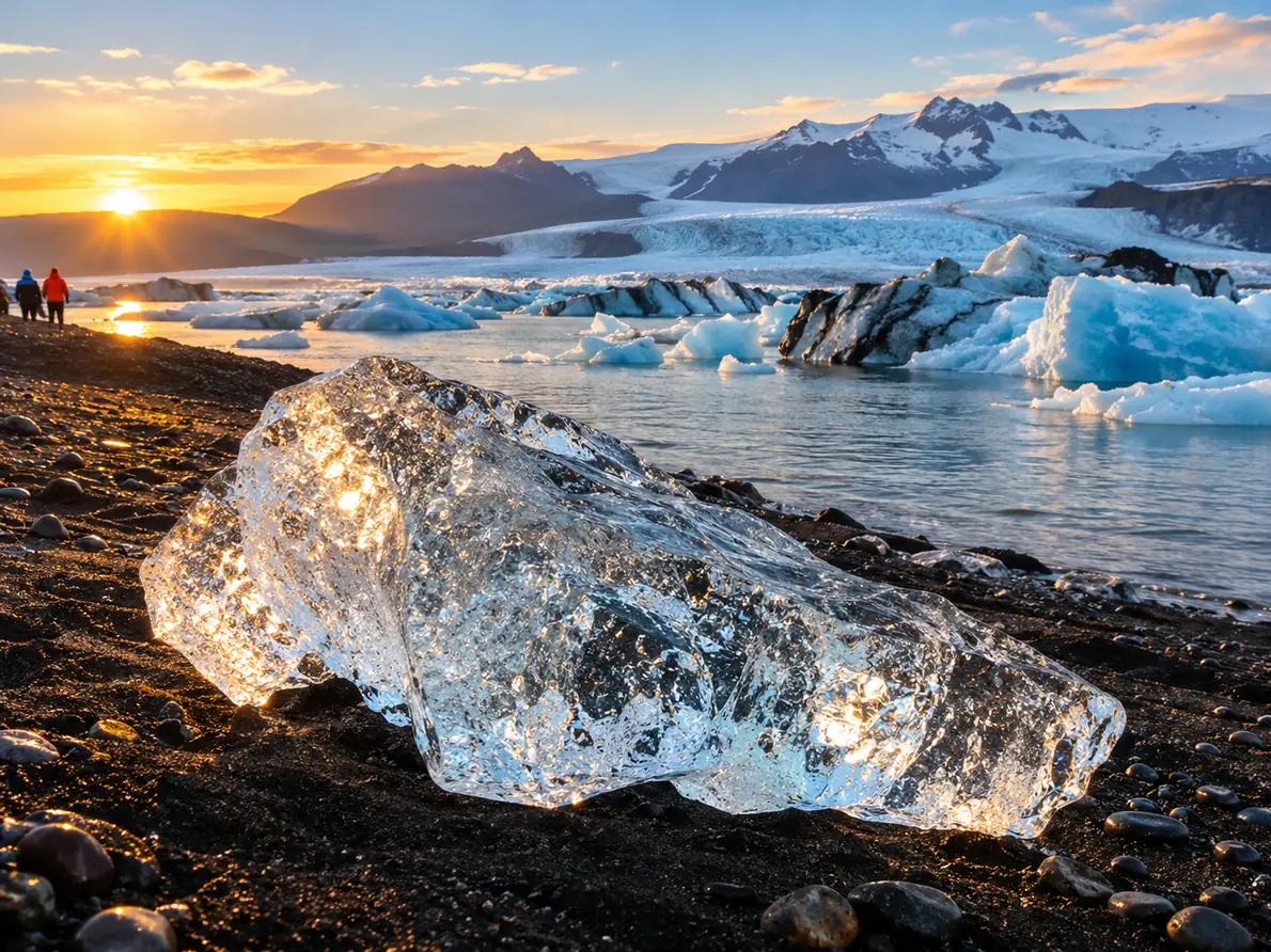 A single clear block of ice on black sand, lit from behind by a low sunrise
