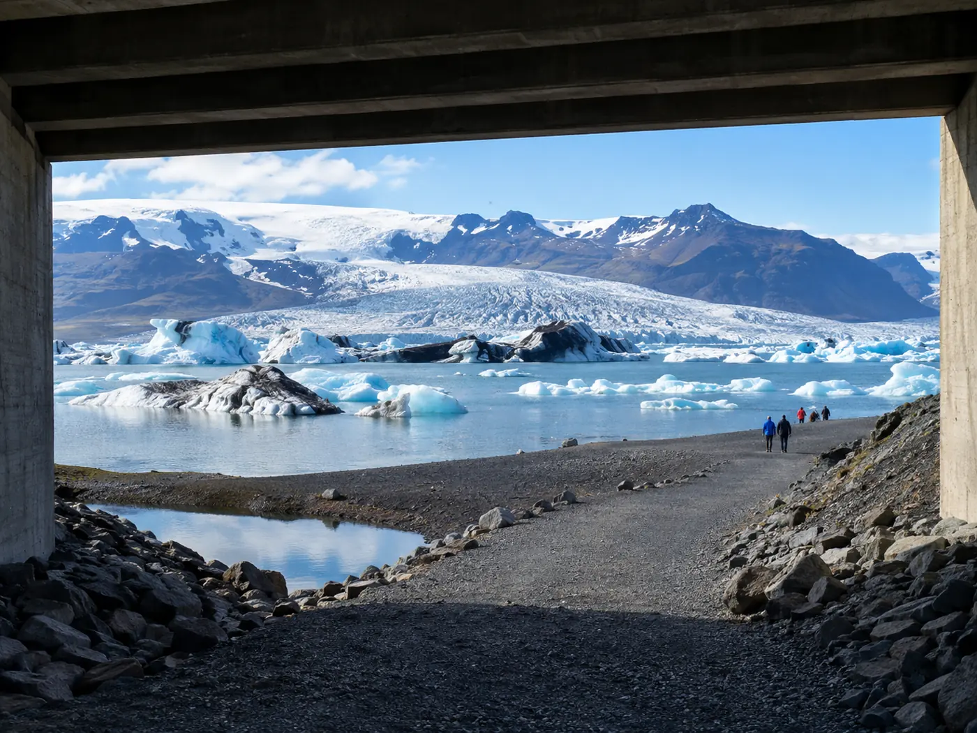 A gravel footpath running under a road bridge beside a glacial river towards the sea