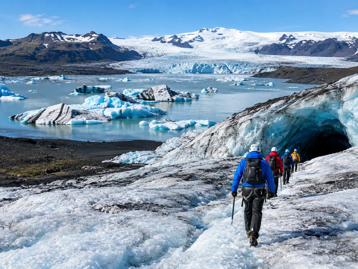 A guide leading a small helmeted group in a line across a glacier