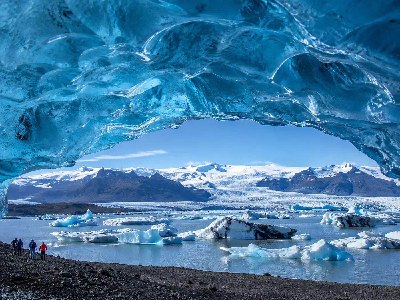 The rippled blue ceiling of an ice cave