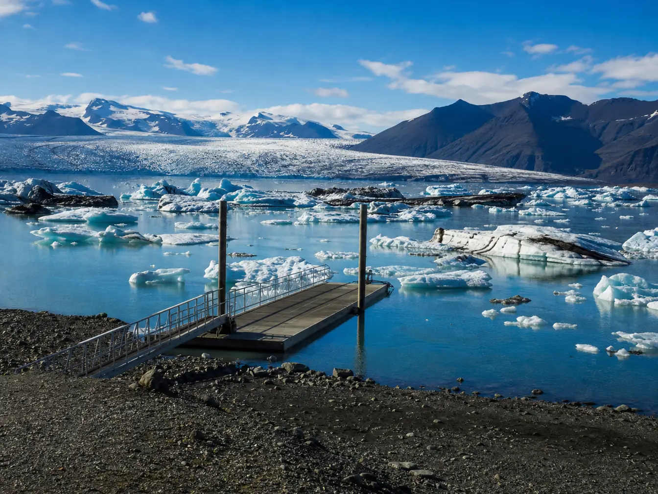 An empty wooden boat dock on the lagoon shore in autumn light