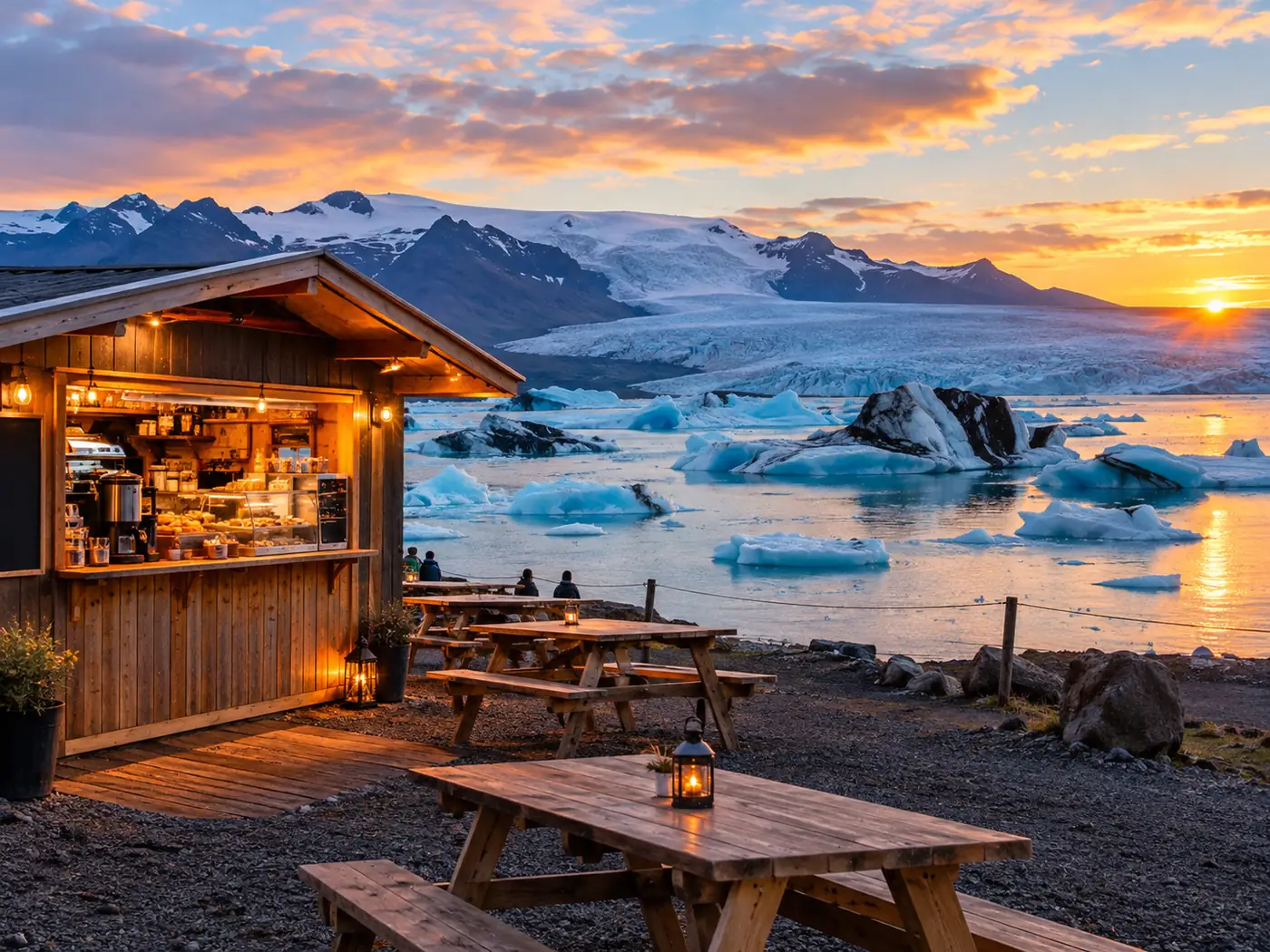 A small café hut lit up beside the lagoon at dusk